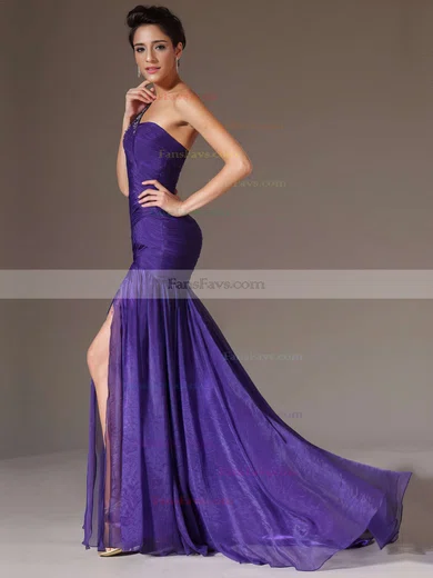 Trumpet/Mermaid One Shoulder Chiffon Sweep Train Beading Prom Dresses #Favs020101289