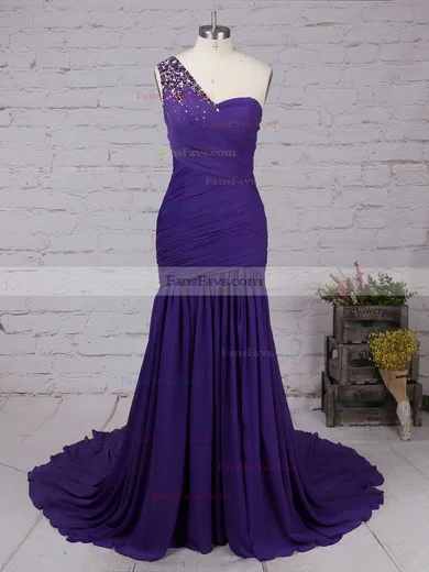 Trumpet/Mermaid One Shoulder Chiffon Sweep Train Beading Prom Dresses #Favs020101289