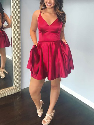 A-line V-neck Silk-like Satin Short/Mini Homecoming Dresses With Pockets #Favs020111246 A-line V-neck Silk-like Satin Short/Mini Homecoming Dresses With Pockets #Favs020111246