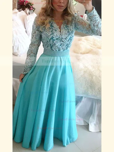 A-line V-neck Lace Chiffon Floor-length Pearl Detailing Prom Dresses #Favs020101388
