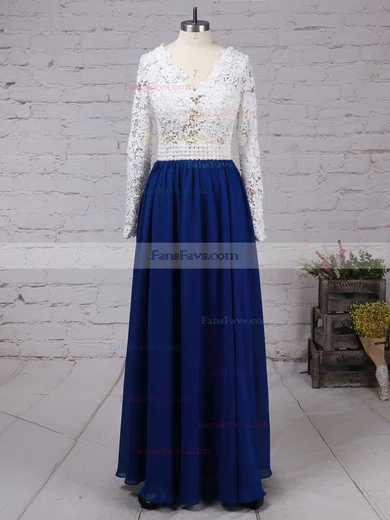 A-line V-neck Lace Chiffon Floor-length Pearl Detailing Prom Dresses #Favs020101388