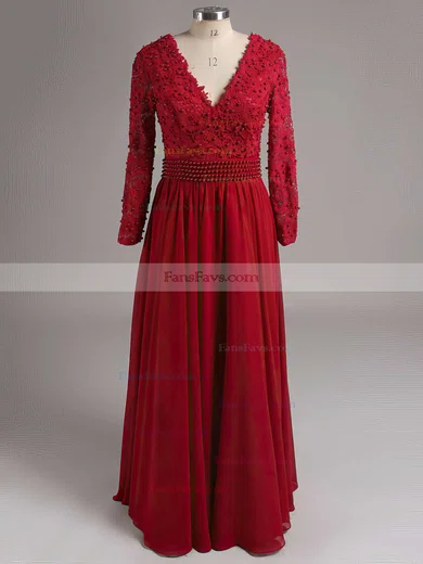 A-line V-neck Lace Chiffon Floor-length Pearl Detailing Prom Dresses #Favs020101388