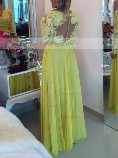 A-line V-neck Lace Chiffon Floor-length Pearl Detailing Prom Dresses #Favs020101388