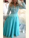 A-line V-neck Lace Chiffon Floor-length Pearl Detailing Prom Dresses #Favs020101388