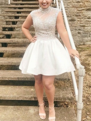 A-line High Neck Satin Short/Mini Homecoming Dresses With Beading #Favs020111267