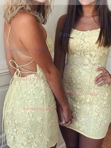 Sheath/Column Scoop Neck Tulle Lace Short/Mini Homecoming Dresses With Appliques Lace #Favs020111392