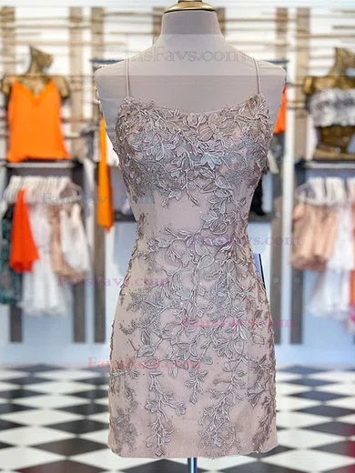 Sheath/Column Scoop Neck Tulle Lace Short/Mini Homecoming Dresses With Appliques Lace #Favs020111392