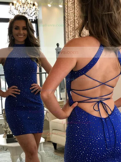 Sheath/Column High Neck Jersey Short/Mini Homecoming Dresses With Beading #Favs020111394