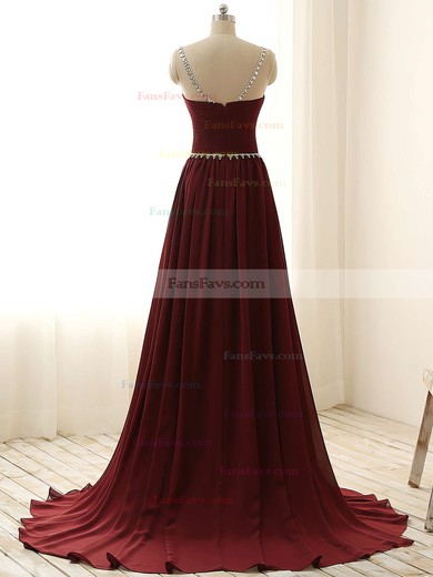 A-line Scoop Neck Chiffon Sweep Train Beading Prom Dresses #Favs020101794