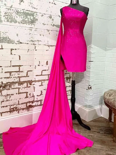 Sheath/Column One Shoulder Silk-like Satin Short/Mini Homecoming Dresses With Beading #Favs020111414