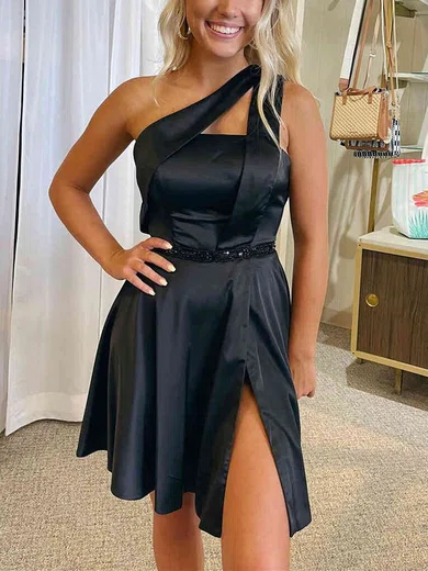 A-line One Shoulder Silk-like Satin Short/Mini Homecoming Dresses With Split Front #Favs020111417