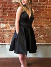 A-line V-neck Silk-like Satin Short/Mini Homecoming Dresses With Pockets #Favs020111420