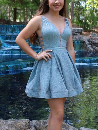 A-line V-neck Shimmer Crepe Short/Mini Homecoming Dresses #Favs020111422