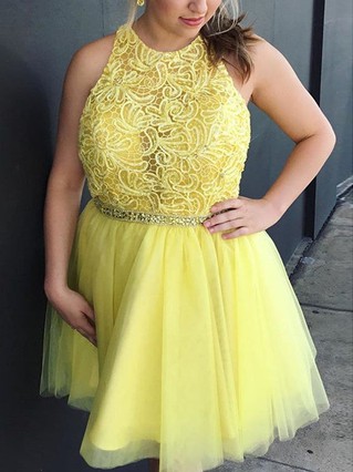 A-line Scoop Neck Tulle Short/Mini Homecoming Dresses With Appliques Lace #Favs020111423