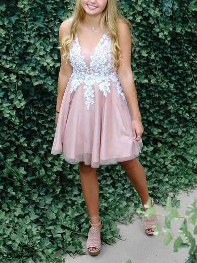 A-line V-neck Tulle Short/Mini Homecoming Dresses With Appliques Lace #Favs020111425