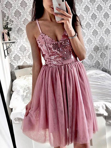 A-line V-neck Tulle Knee-length Homecoming Dresses With Sequins #Favs020111442
