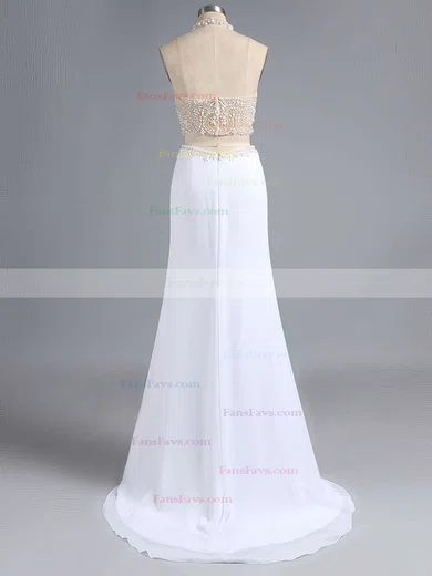 Sheath/Column Halter Chiffon Sweep Train Beading Prom Dresses #Favs020101849