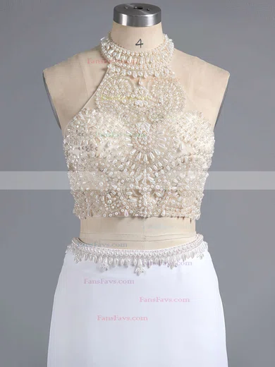 Sheath/Column Halter Chiffon Sweep Train Beading Prom Dresses #Favs020101849