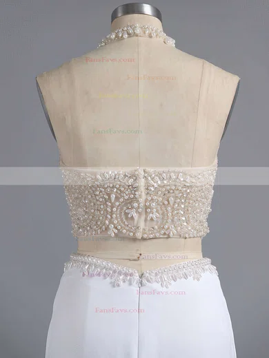 Sheath/Column Halter Chiffon Sweep Train Beading Prom Dresses #Favs020101849