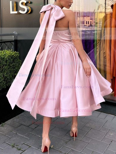A-line Halter Satin Tea-length Homecoming Dresses With Bow #Favs020111446