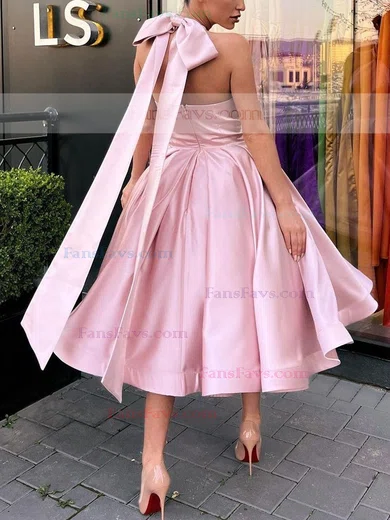 A-line Halter Satin Tea-length Homecoming Dresses With Bow #Favs020111446