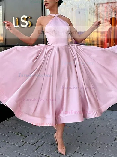 A-line Halter Satin Tea-length Homecoming Dresses With Bow #Favs020111446