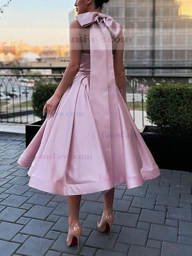 A-line Halter Satin Tea-length Homecoming Dresses With Bow #Favs020111446