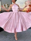A-line Halter Satin Tea-length Homecoming Dresses With Bow #Favs020111446