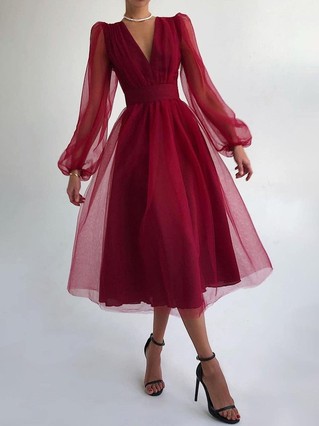 A-line V-neck Tulle Tea-length Homecoming Dresses #Favs020111451 A-line V-neck Tulle Tea-length Homecoming Dresses #Favs020111451