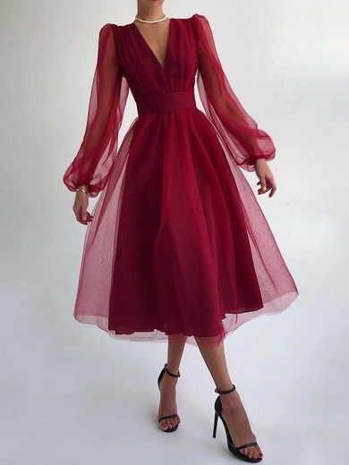 A-line V-neck Tulle Tea-length Homecoming Dresses #Favs020111451