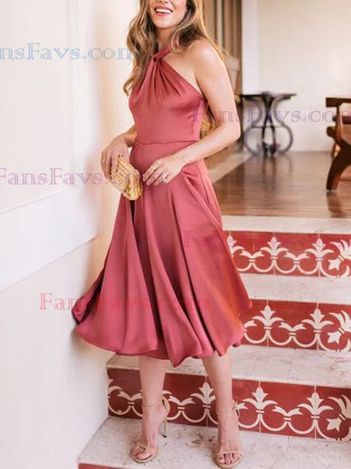 A-line V-neck Satin Chiffon Tea-length Homecoming Dresses #Favs020111453