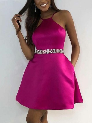 A-line Halter Satin Short/Mini Homecoming Dresses With Pockets #Favs020111455 A-line Halter Satin Short/Mini Homecoming Dresses With Pockets #Favs020111455