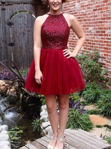 A-line Scoop Neck Tulle Short/Mini Homecoming Dresses With Sashes / Ribbons #Favs020111469