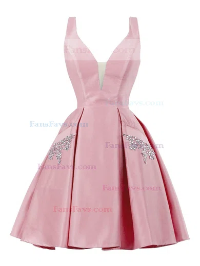 A-line V-neck Satin Knee-length Homecoming Dresses With Pockets #Favs020111274
