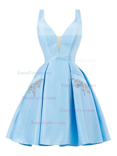 A-line V-neck Satin Knee-length Homecoming Dresses With Pockets #Favs020111274