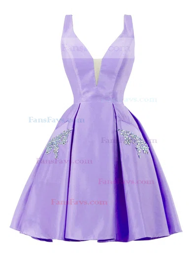 A-line V-neck Satin Knee-length Homecoming Dresses With Pockets #Favs020111274