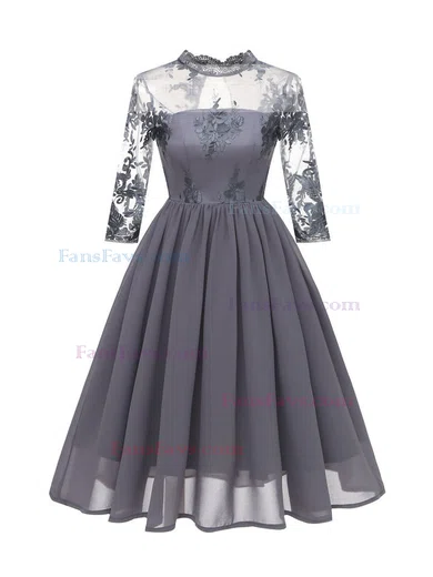 A-line High Neck Chiffon Tea-length Homecoming Dresses With Lace #Favs020111276