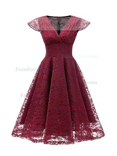 A-line V-neck Lace Tea-length Homecoming Dresses With Ruffles #Favs020111278