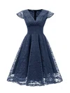 A-line V-neck Lace Tea-length Homecoming Dresses With Ruffles #Favs020111278