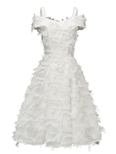 A-line Off-the-shoulder Tulle Tea-length Homecoming Dresses With Feathers / Fur #Favs020111279