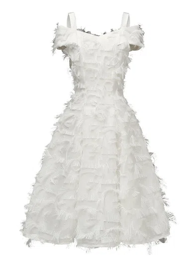 A-line Off-the-shoulder Tulle Tea-length Homecoming Dresses With Feathers / Fur #Favs020111279