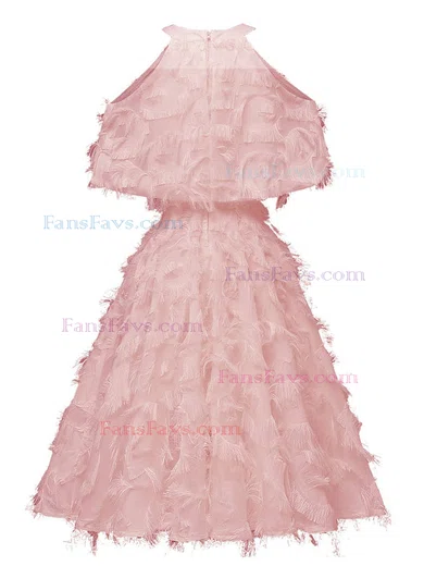 A-line Scoop Neck Tulle Tea-length Homecoming Dresses With Feathers / Fur #Favs020111280