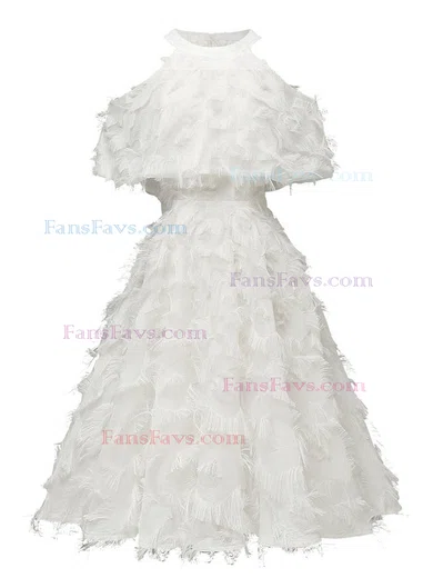 A-line Scoop Neck Tulle Tea-length Homecoming Dresses With Feathers / Fur #Favs020111280