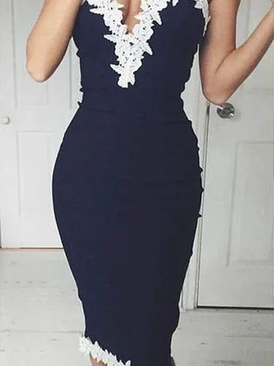 Sheath/Column V-neck Jersey Tea-length Homecoming Dresses With Lace #Favs020111285