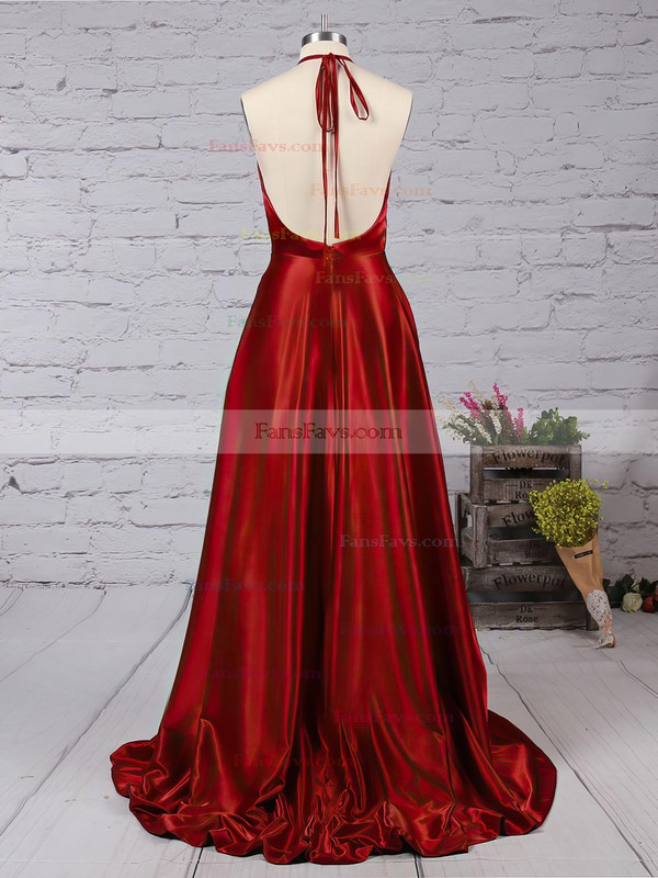A-line Halter Silk-like Satin Floor-length Split Front Prom Dresses #Favs020104588