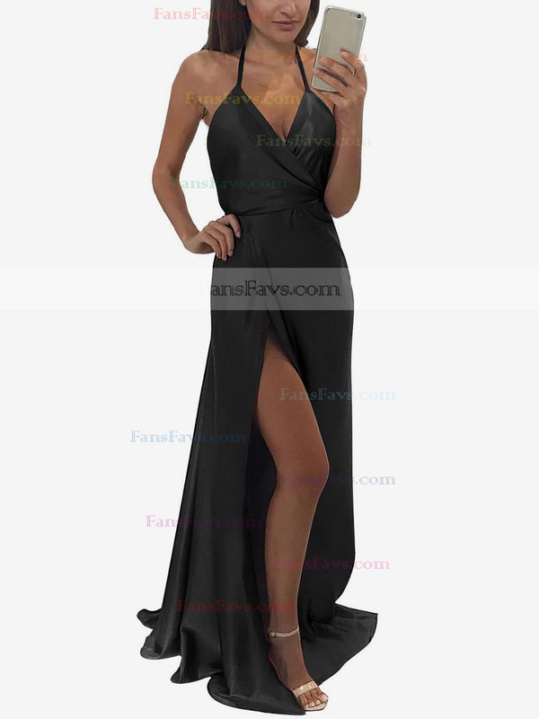A-line Halter Silk-like Satin Floor-length Split Front Prom Dresses #Favs020104588
