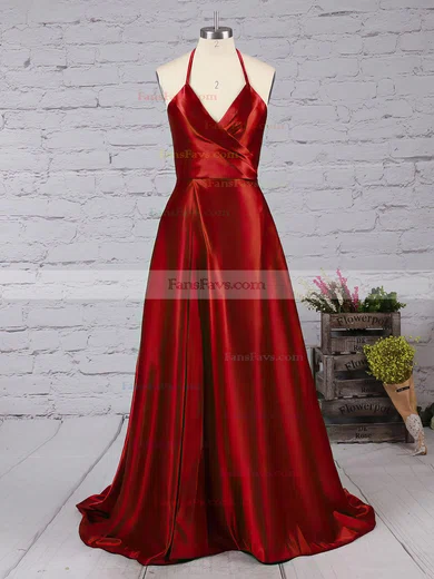 A-line Halter Silk-like Satin Floor-length Split Front Prom Dresses #Favs020104588