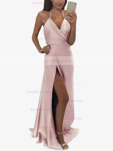 A-line Halter Silk-like Satin Floor-length Split Front Prom Dresses #Favs020104588