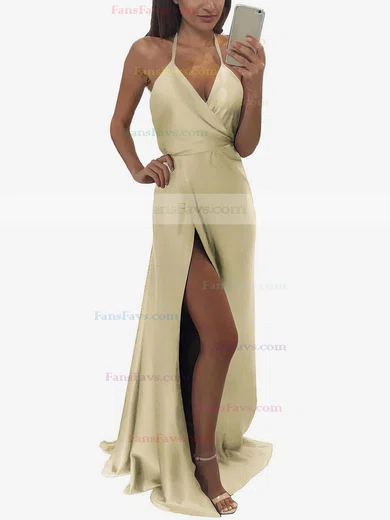 A-line Halter Silk-like Satin Floor-length Split Front Prom Dresses #Favs020104588