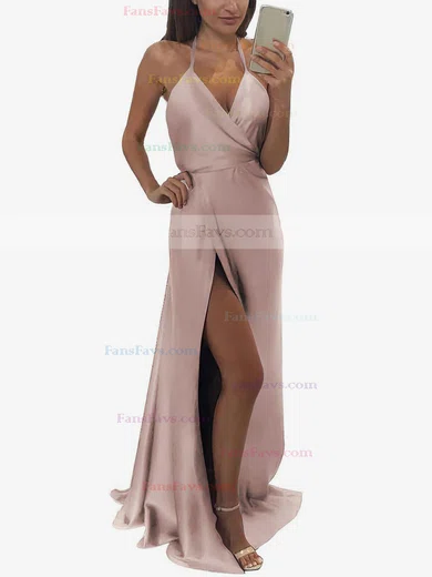 A-line Halter Silk-like Satin Floor-length Split Front Prom Dresses #Favs020104588